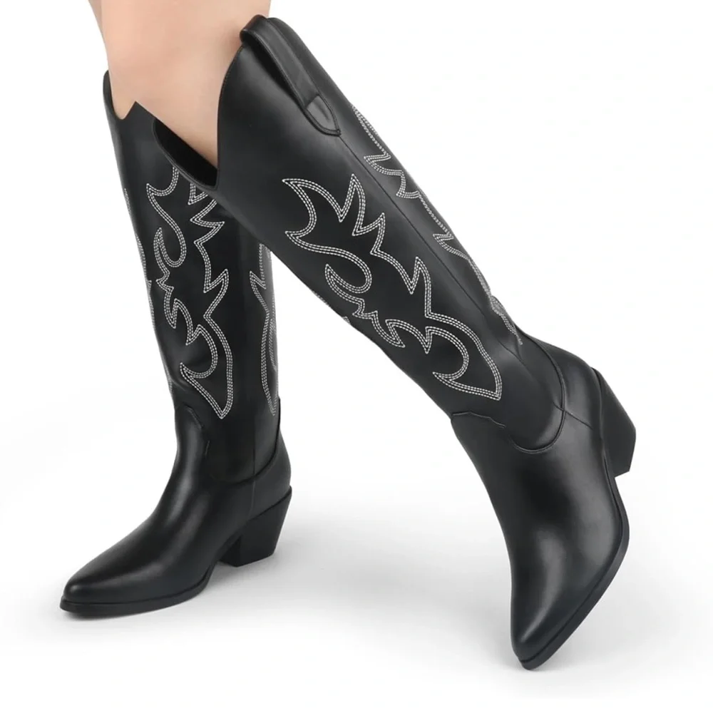 🤠 Black Embroidered Knee-high Cowboy Boots - Picture 3 of 6